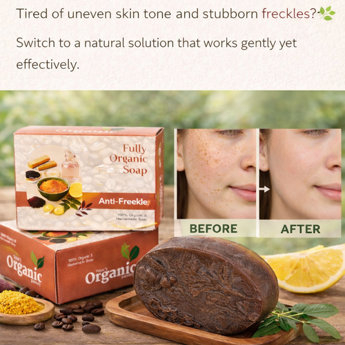 Organic soap packaging with a bar of soap, ingredients, and before-and-after skin comparison.